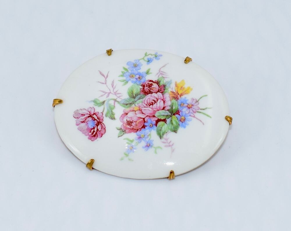 Victorian Edwardian Porcelain Cameo Hand Painted Floral Peonies Pin Brooch